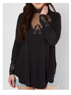 Free People Saheli Embroidered Mesh Top Black XS